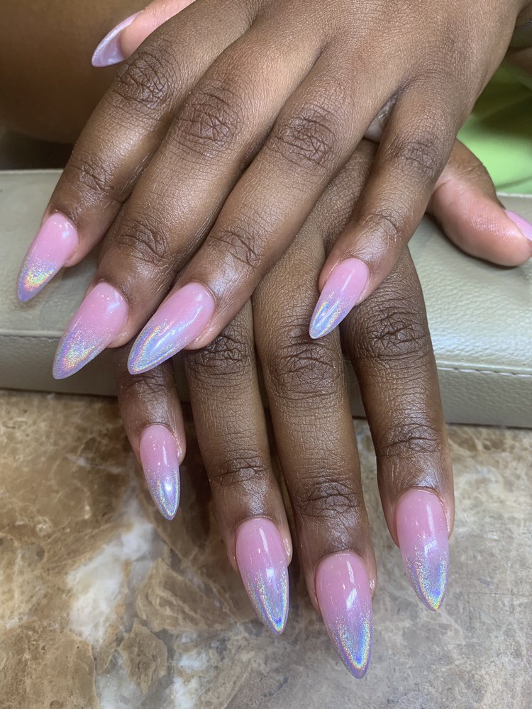 Pink holographic stiletto nails
